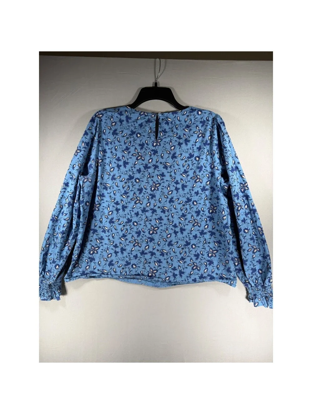 J.Crew Blue Floral Paisley Smocked Cuff Blouse Top Womens Large Cotton Blend